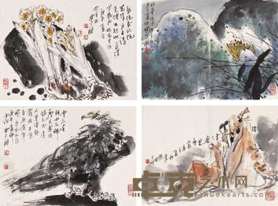 陈永锵 庚午（1990）年作 花鸟人物册 册页（十二开选四） 28.5×39.5cm×12